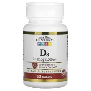 D3 25 mcg (1,000 IU), 60 Tablets, 21st Century